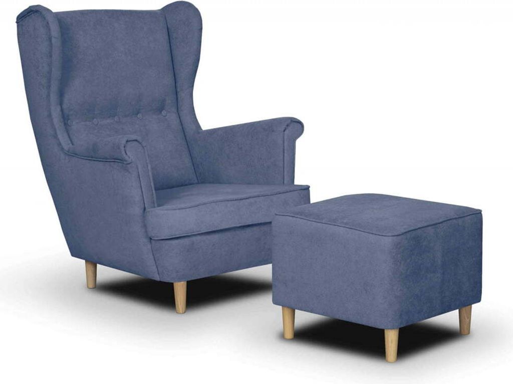 KomfortWelt24 Ohrensessel mit Hocker - Skandinavischer Sessel ELITE für Wohnzimmer & Esszimmer - Farbe Marineblau