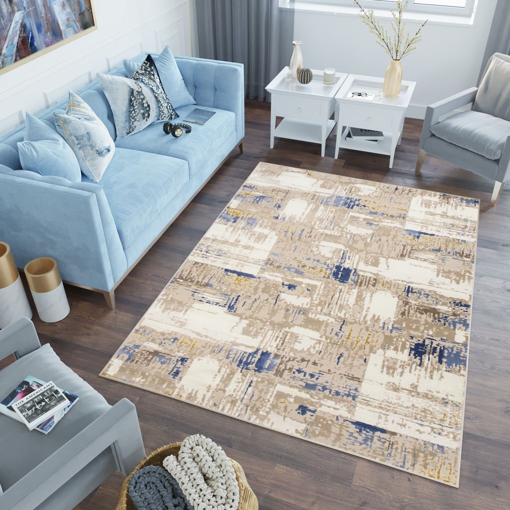 Teppich Wohnzimmer Schlafzimmer Kurzflor Modern Design Beige Blau Abstrakt Meliert 120 x 170 cm