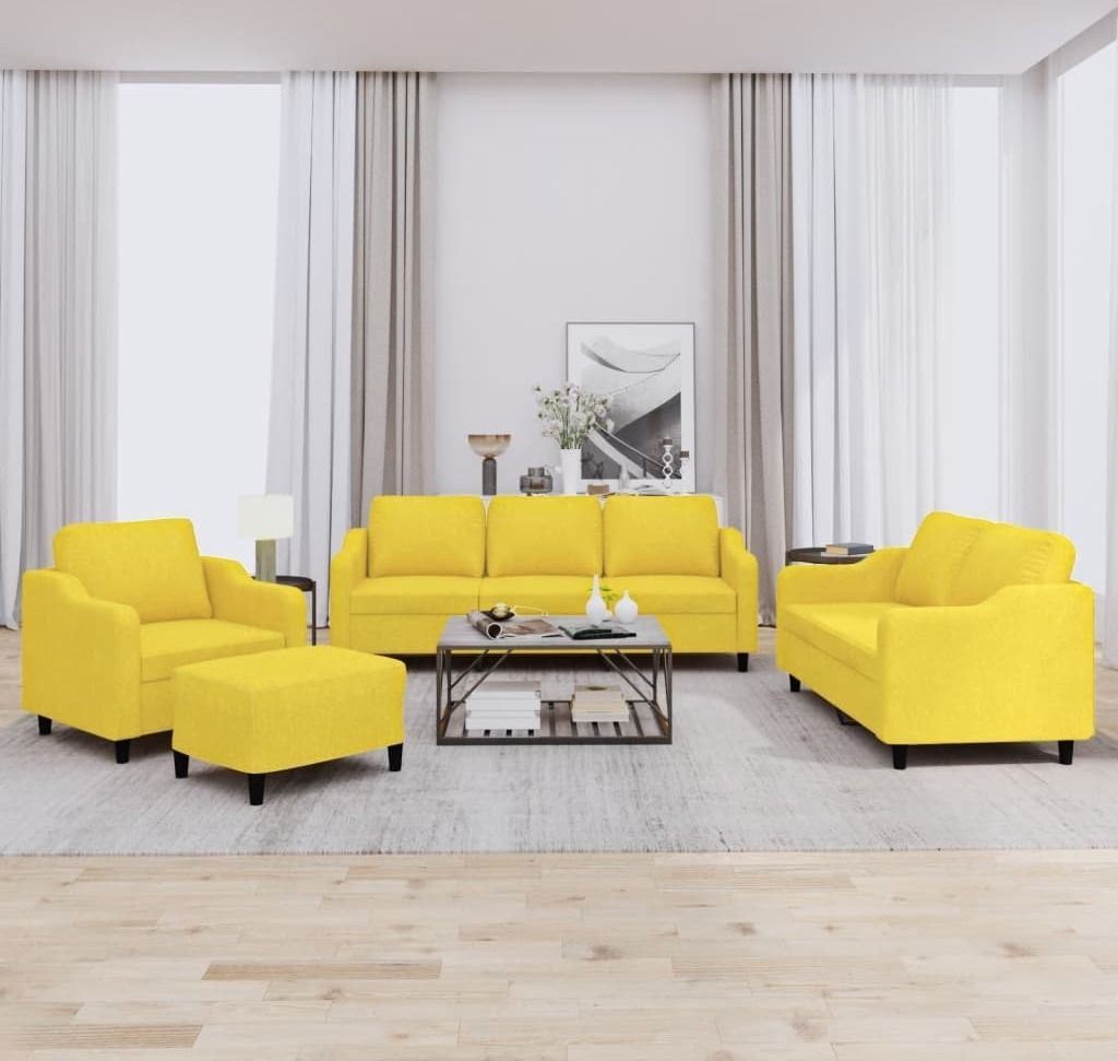Design 4-tlg. Sofagarnitur mit Kissen Hellgelb Stoff, Produktbild 