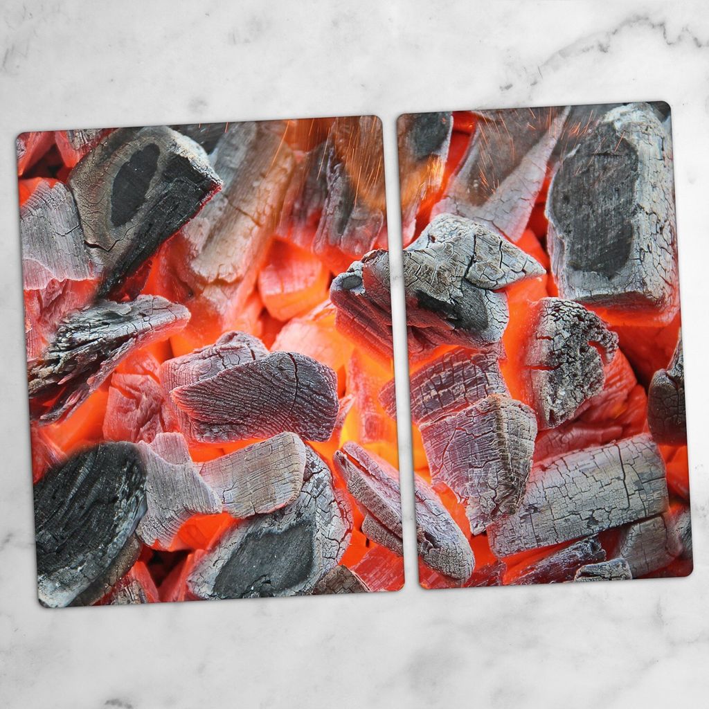 Glas-Herdabdeckplatten Glaskeramikkochfeld-Abdeckung Spritzschutz Schneidebrett Zweiteilige Glas 70x52 cm Grill Feuer Glut