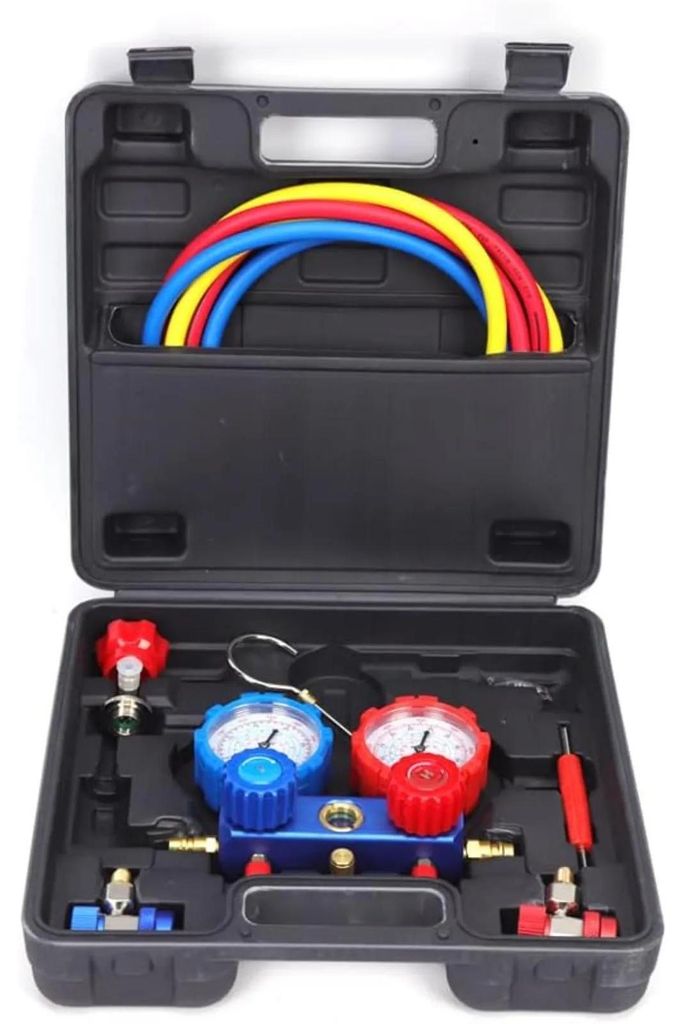 Auto Klimaanlage Manometer Manifold - Werkzeugsatz - Mit Schläuchen - Ventilkernschlüssel - Für R134a & R12 - Nachfüllen & Wartung - Schwarz