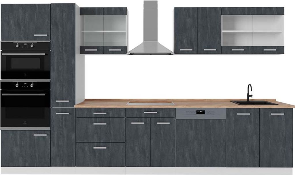 Küchenzeile Vicco R-Line Schwarz Beton/Weiß 350 cm AP Eiche, Model 47454