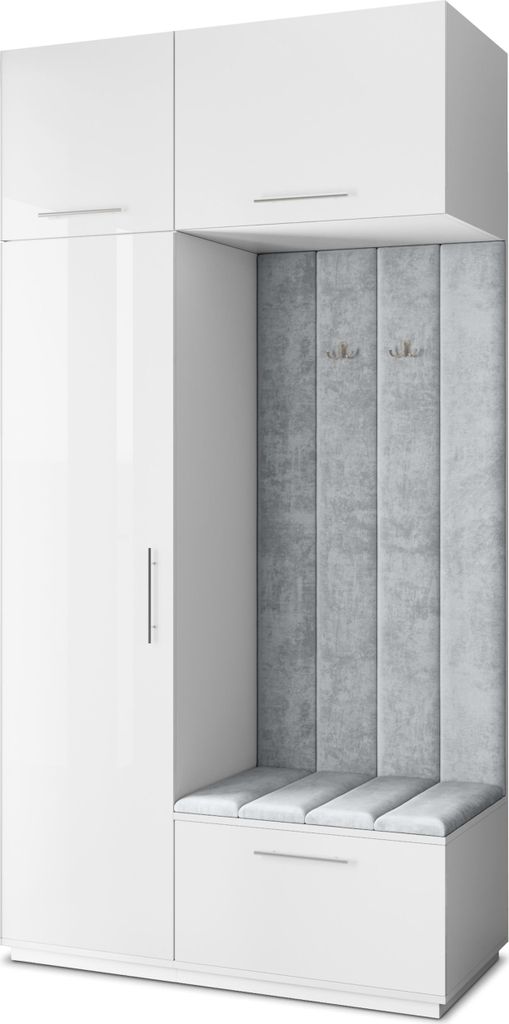 Masseno Garderobe-Set REMA 120/240/60 cm Modern Garderobenschrank Weiß, Veloursstoff MONOLITH 84 (Hellgrau)