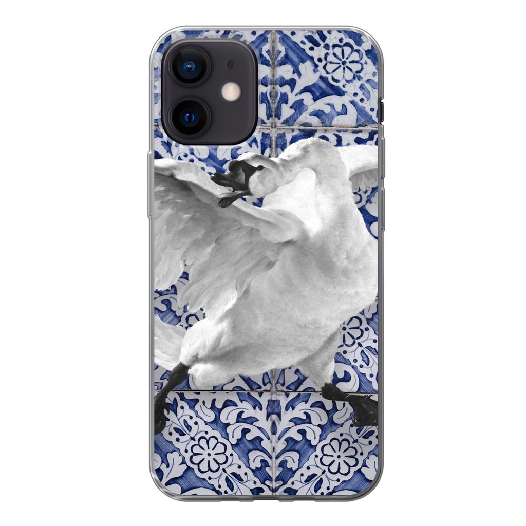 MuchoWow Handyhülle Schutzhülle Hülle für iPhone 12 Schwan - Kunst - Delfter Blau - Malerei - Alte Meister Silikon Softcase Handy Hülle - Sc...