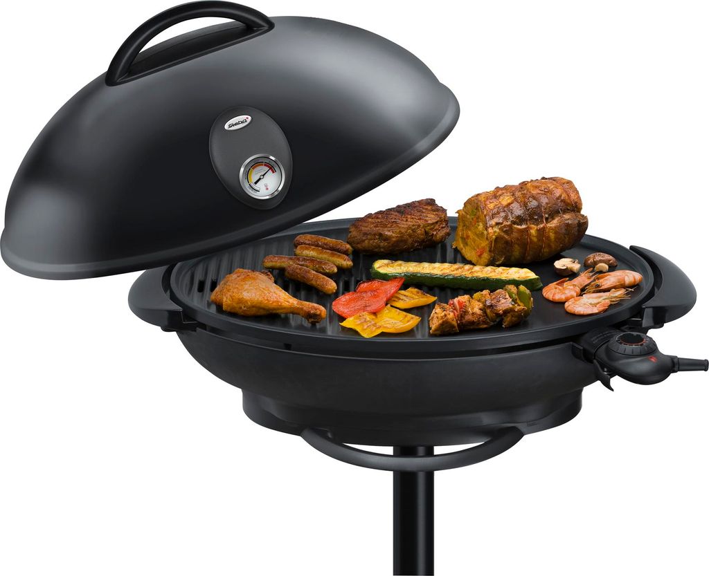 An electric grill with food cooking on it, with the lid open.