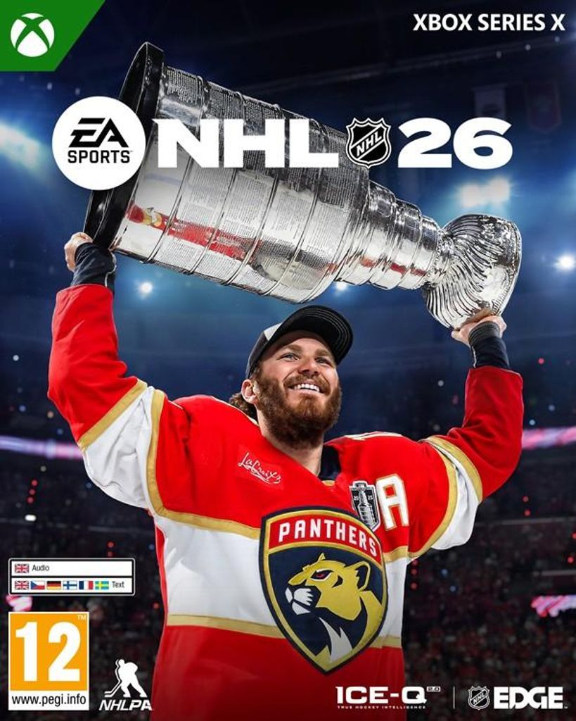 A hockey player holding up the Stanley Cup trophy, with the game's logo and branding visible.
