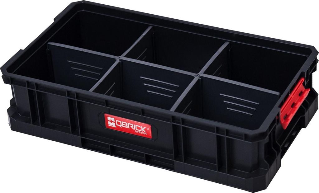A black tool box with red handles and dividers, shown from a slightly elevated angle against a white background.
