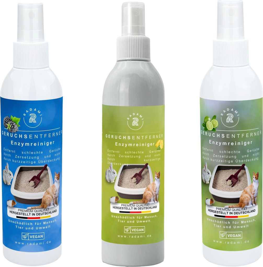 Tier Geruchsentferner gegen Katzenurin und Tiergerüche Enzymreiniger Limette, Lemongras, Blackberry 3x250ml