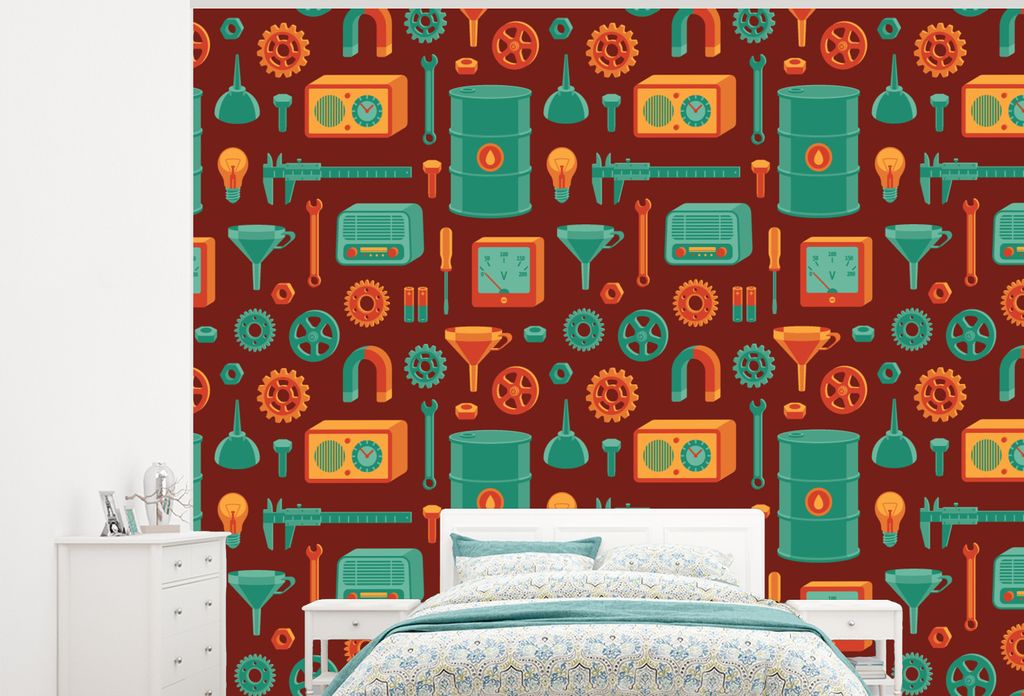 MuchoWow Fototapete für Wohnzimmer oder Schlafzimmer Wandtapete Vinyl Motivtapete Muster - Retro - Werkzeuge - 300x240 cm - Fototapeten