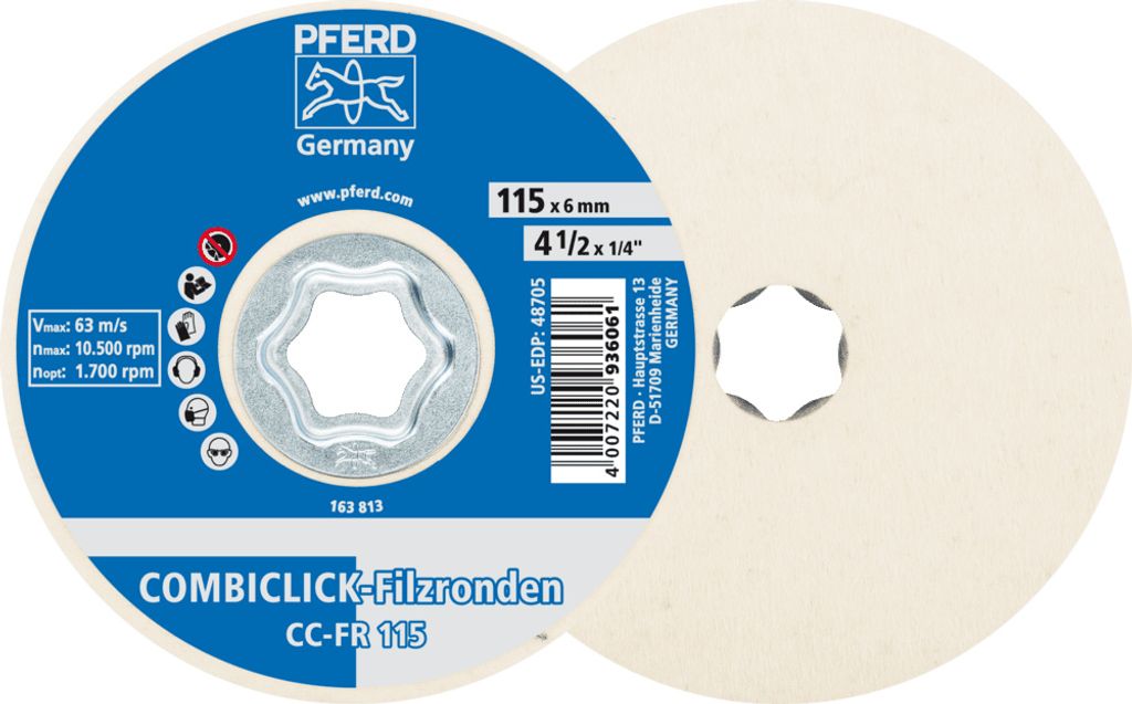 PFERD TOOLS COMBICLICK Filzronden CC-FR Ø 115 mm für Vor-und Hochglanzpolitur mit Winkelschleifer