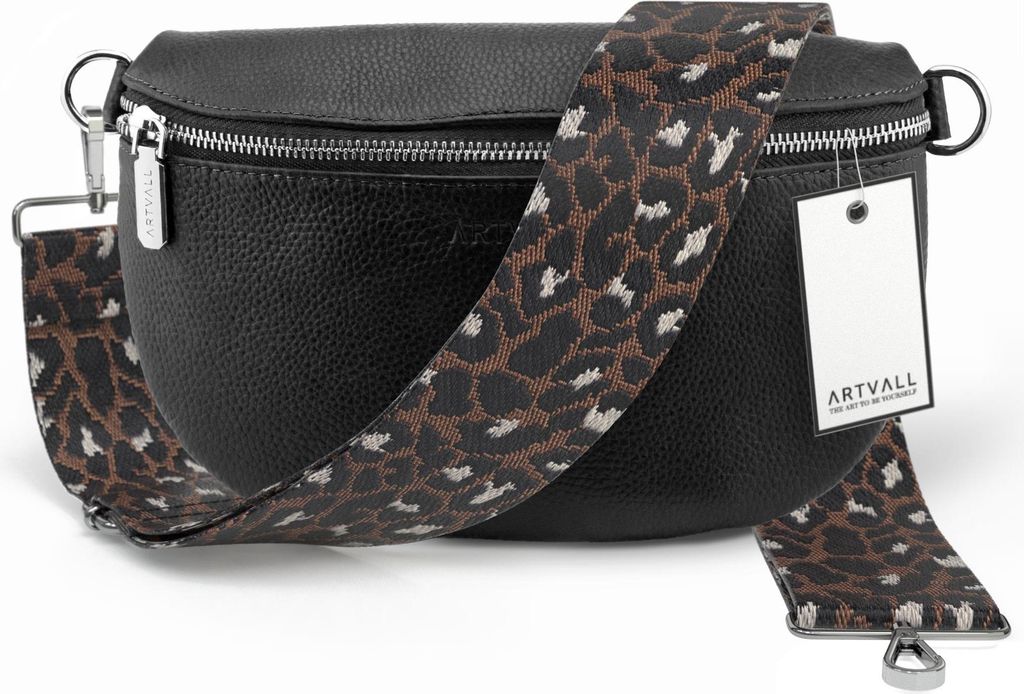 ARTVALL - Umhängetasche aus Leder, Klein mit verstellbarem Schultergurt, abnehmbares Taschenband, Crossbody Bag in Schwarz