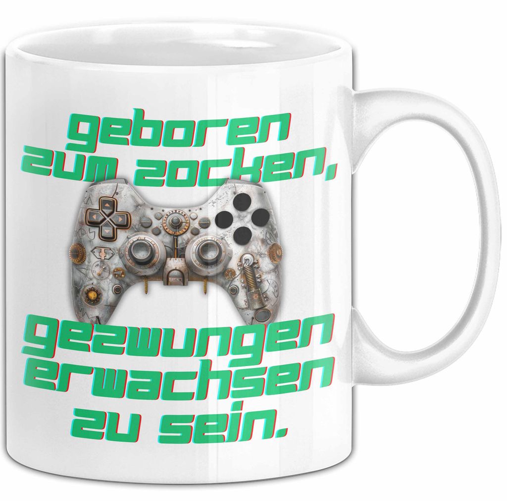Humor Tasse Gamer – Geboren zum Zocken, gezwungen erwachsen zu sein – Lustiger Kaffee-Becher Geschenk für Gamer & Zocker (Weiß)