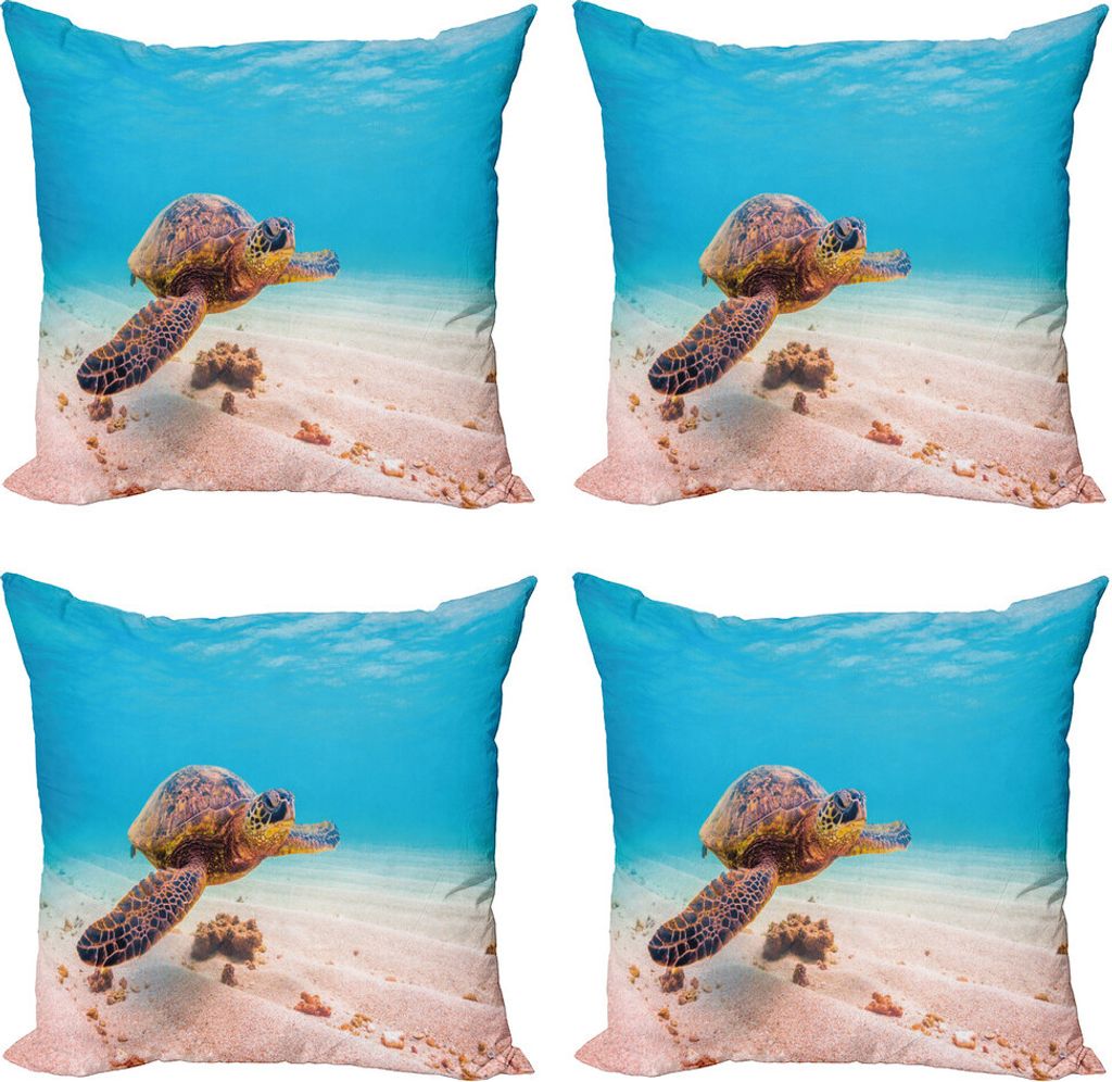 ABAKUHAUS Schildkröte Kissenbezug Set (4 Stück), Sea Turtle Underwater, Moderner Doppelseitiger Digitaldruck, 50 cm x 50 cm, Aqua Zimtbraun