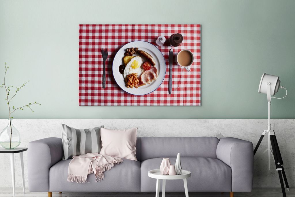 OneMillionCanvasses - Leinwandbilder - 140x90 cm, English Breakfast auf kariertem Tischtuch, Wandbilder Kunstdruck Wanddekoration