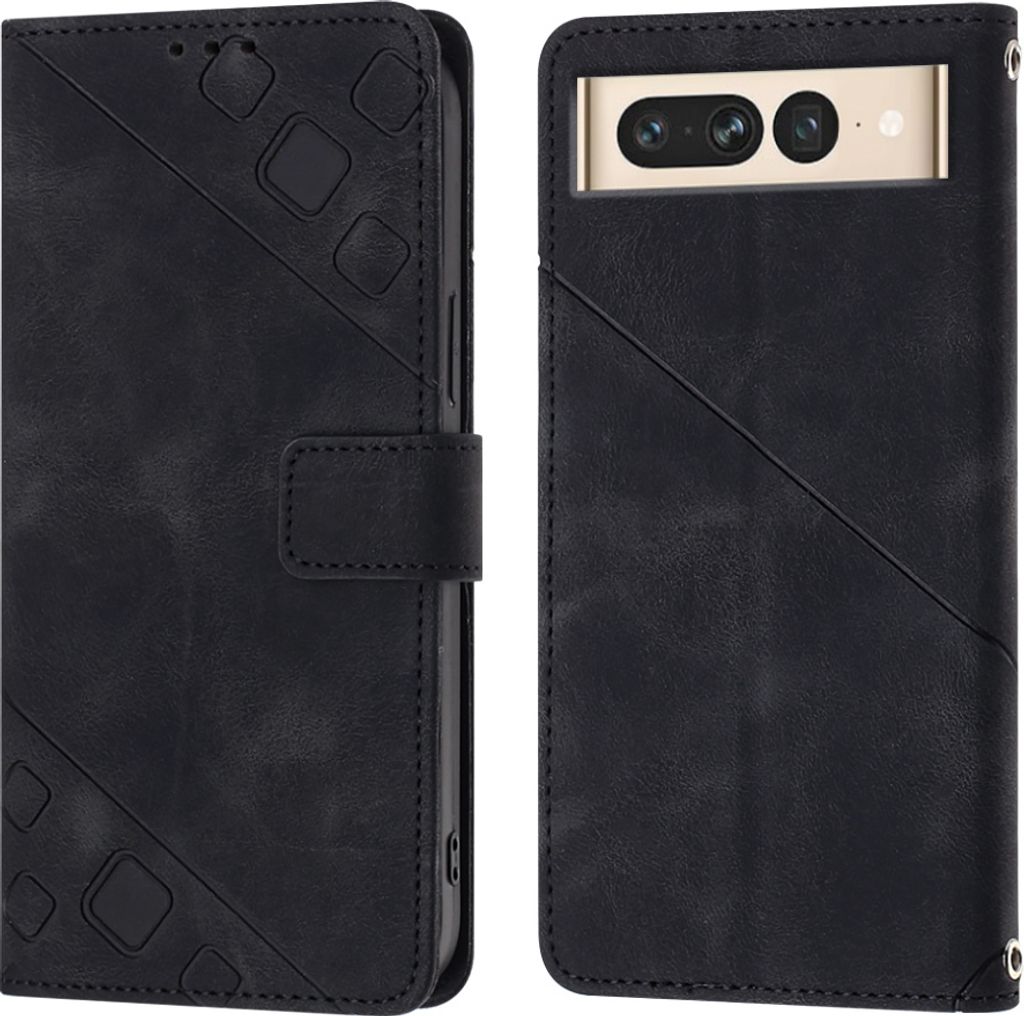 Hülle für Google Pixel 7 Pro Prägung Flip Leder Brieftasche Schutzhülle mit Ständer Schwarz
