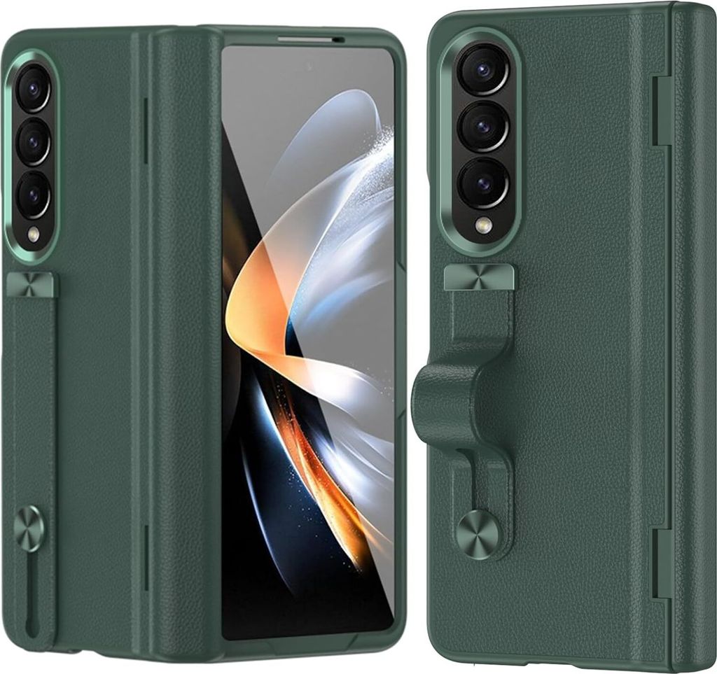 Schutzhülle für Samsung Galaxy Z Fold 3 5G mit Displayschutzfolie und Handschlaufe Ständer, Hart PolyurethanScharnier Handyhülle Grün
