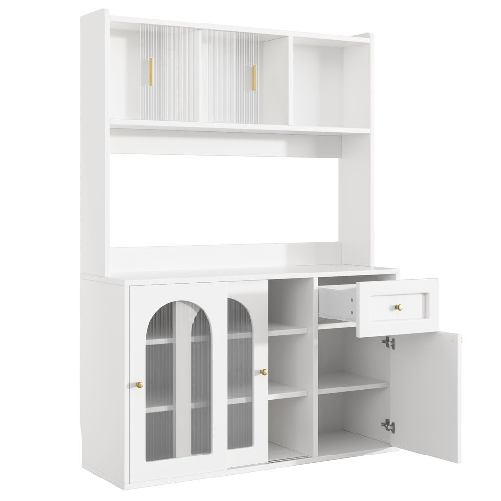 Flieks Hochschrank 120x35x167 cm, Küchenbuffet mit LED, Aufbewahrungsschrank mit Glasschiebetüren, weiß