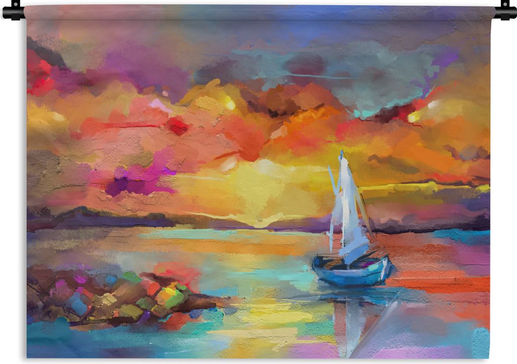 MuchoWow Wandteppich Wandbehang Malerei - Ölfarbe - Boot - Farben 90x67.5 cm Tapisserie Dekoration Wandtuch - Fototeppich - Wand-Skulpturen