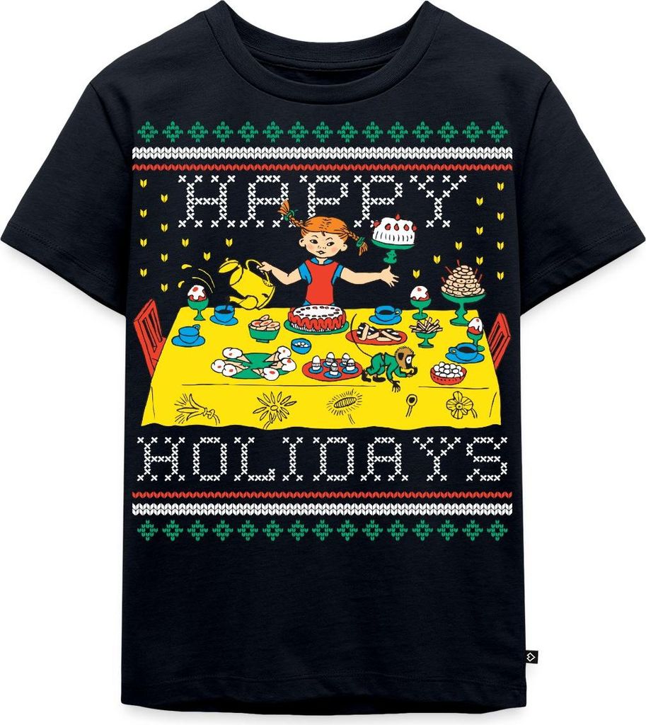 Spreadshirt Pippi Langstrumpf Happy Holidays Ugly Christmas Kinder Premium T-Shirt, 122/128 (6 Jahre), Navy
