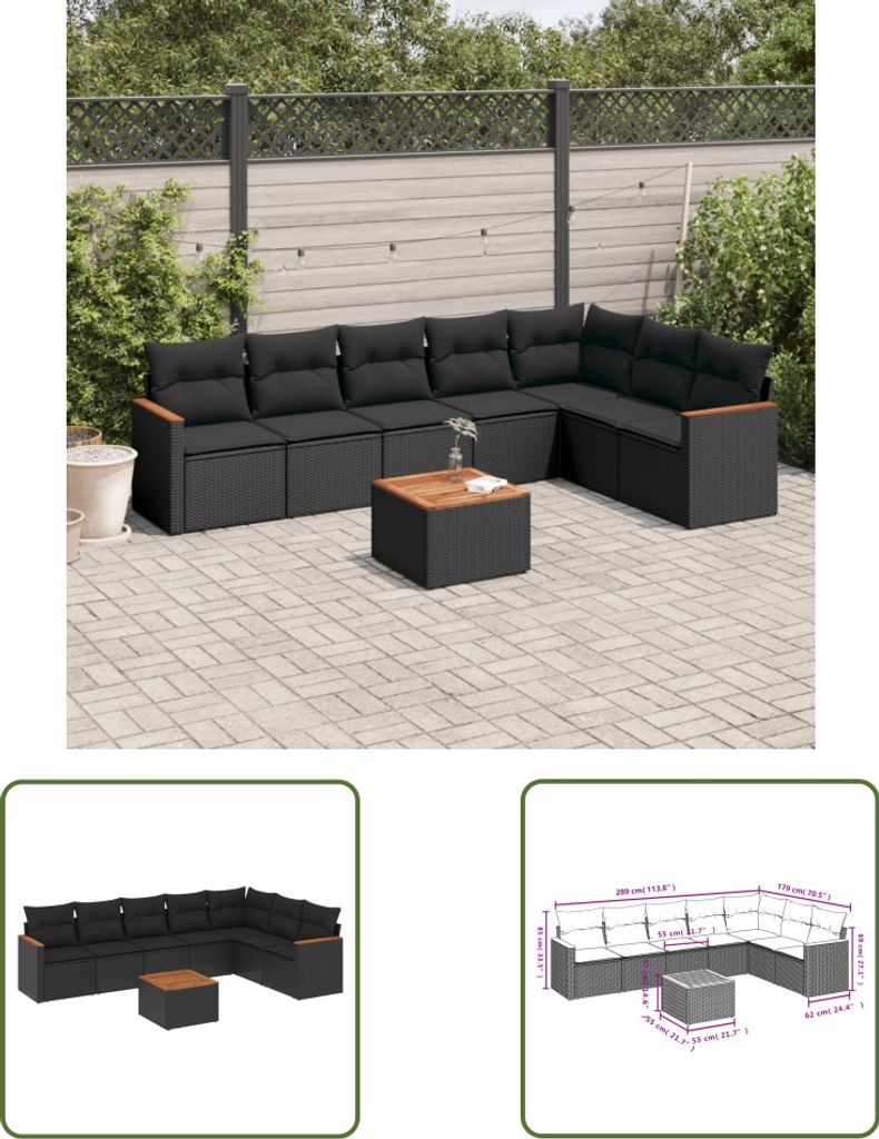The Living Store 8-tlg. Garten-Sofagarnitur mit Kissen Schwarz Poly Rattan