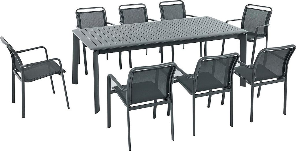 Garten-Esstischgruppe - Aluminium: Ausziehbarer Tisch L205/286,5 cm + 8 stapelbare Stühle - Dunkelgrau - VELYRA von MYLIA