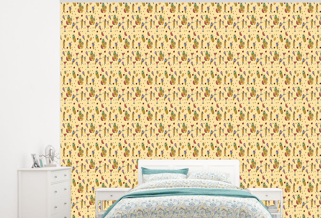 MuchoWow Fototapete für Wohnzimmer oder Schlafzimmer Wandtapete Vinyl Motivtapete Sommer - Obst - Cocktails - Muster - 375x300 cm - Tapezierpapier