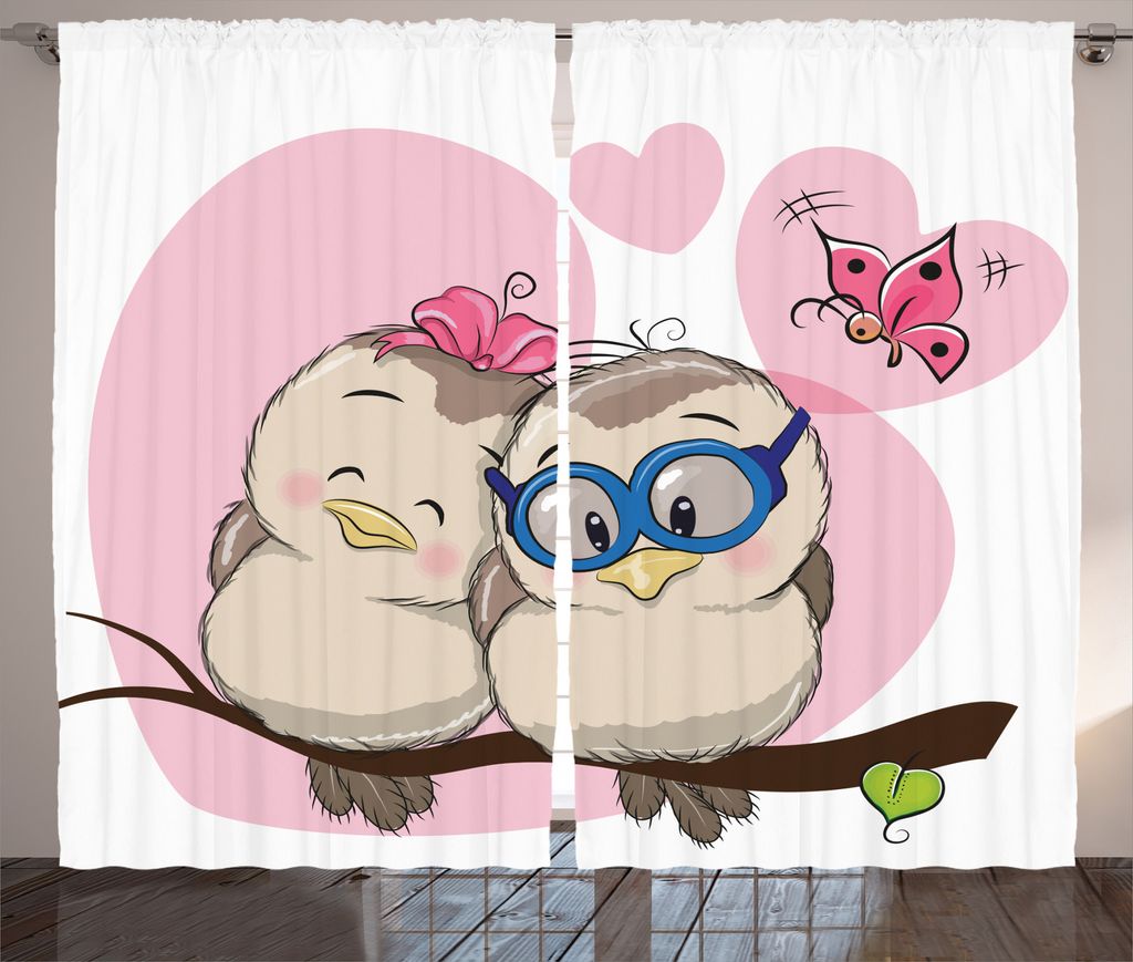 ABAKUHAUS Bunt Rustikaler Vorhang, Zwei niedliche Cartoon Vögel, Wohnzimmer Universalband Gardinen mit Schlaufen und Haken, 280 x 225 cm, Hellrosa...