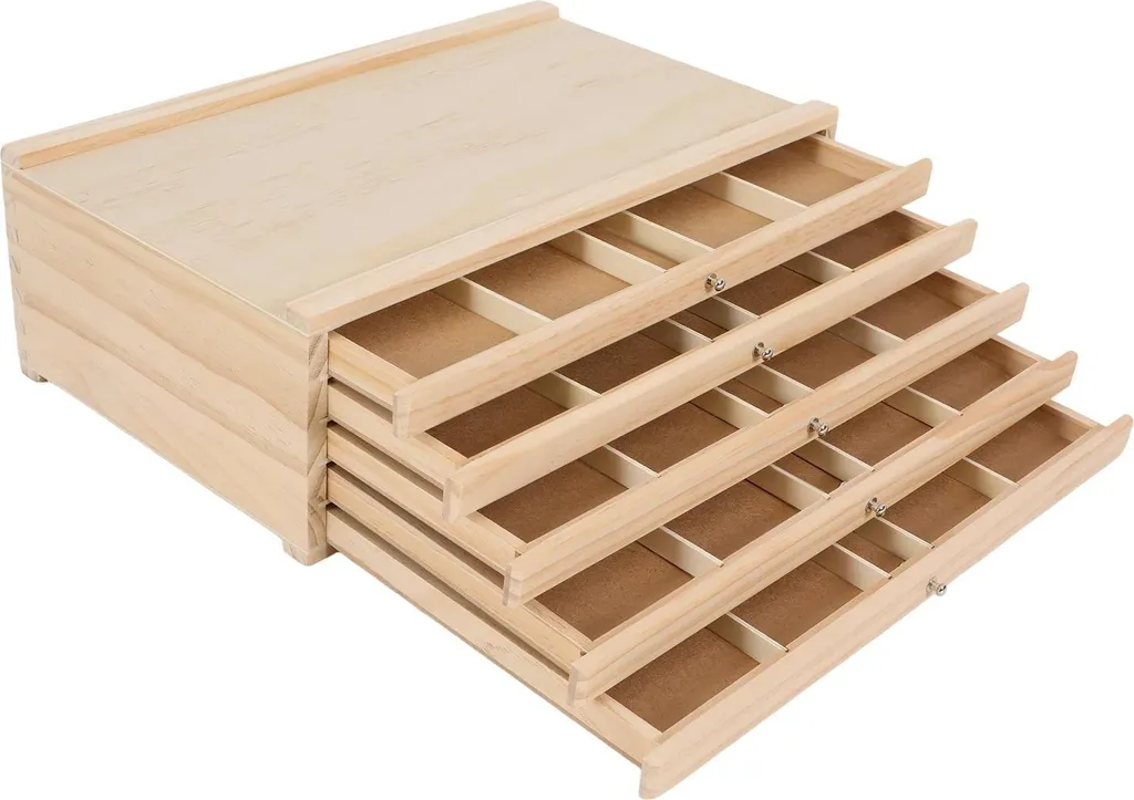 Scatola portaoggetti in legno - cassettiera - 5 cassetti - legno di pino - organizzatore da scrivania per penne e pennelli - gioielli e materiali artigianali - marrone