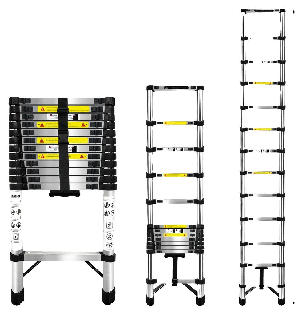 Échelle télescopique 3,8m pliable en acier inox pour accès toiture et mur