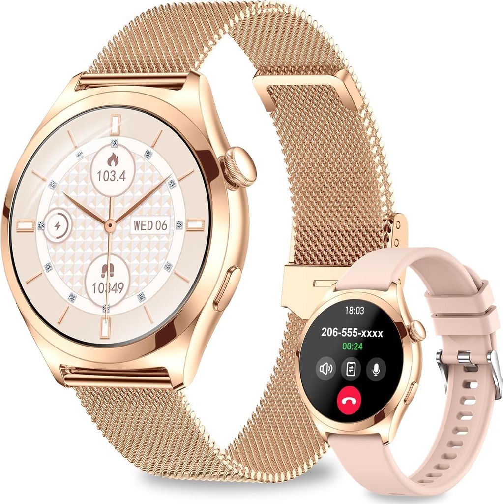 Smartwatch Damen 1,27" Rund Fitnessuhr mit Telefonfunktion, 120+ Sportmodi, Pulsuhr, Schlafmonitor, Schrittzähler, IP68 Wasserdicht für iOS Android