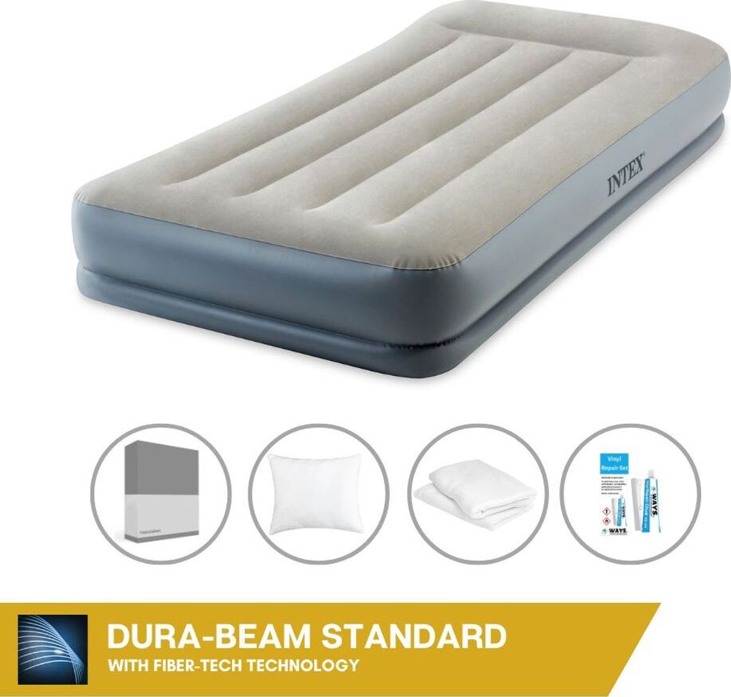 Intex Luftbett - 1 Person - 99 x 191 x 30 cm - Grau - Mit eingebauter Pumpe + Spannbettlaken Anthrazit + Kopfkissen + Molton 2 in 1 Kissenbezüge +...