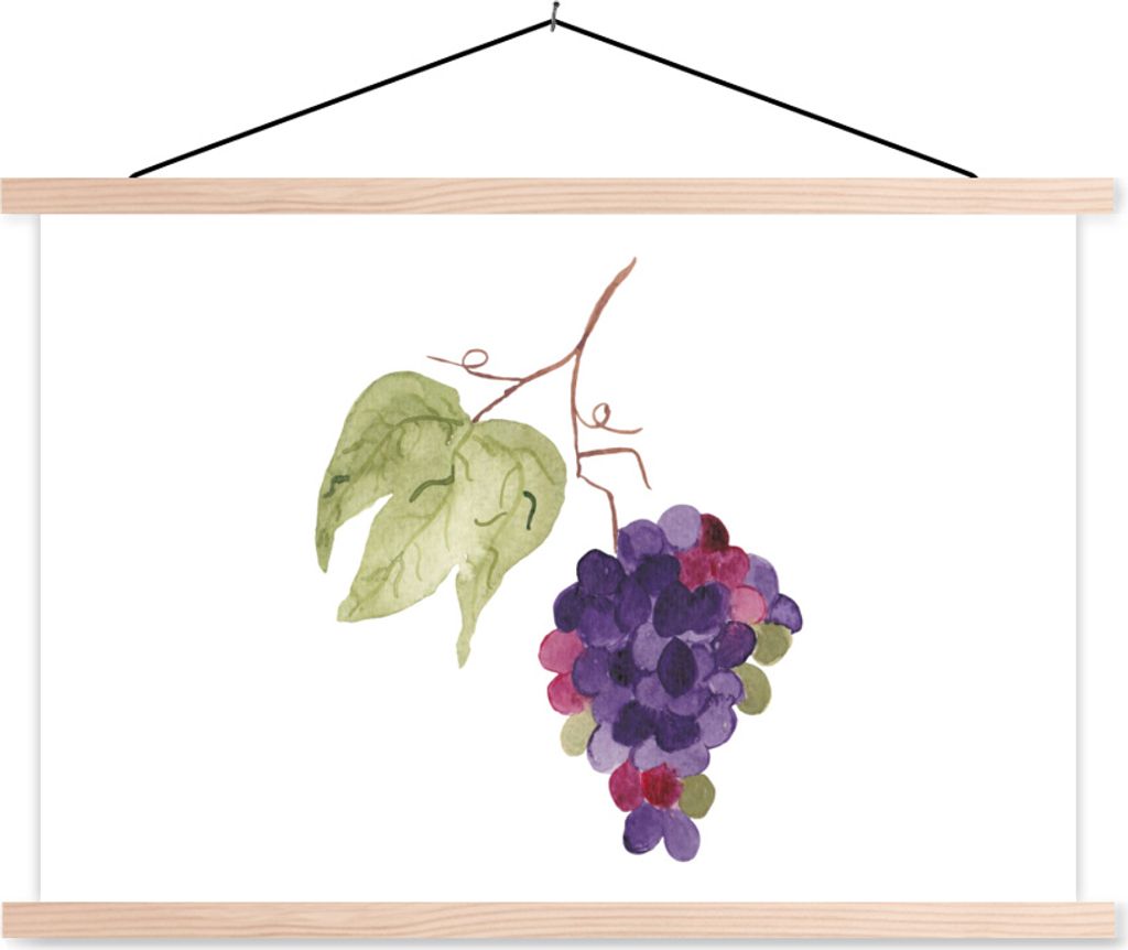 MuchoWow Textilposter Weintrauben - Blätter - Aquarell 120x80 cm mit holzfarbenen Rahmen - Aufhängeset