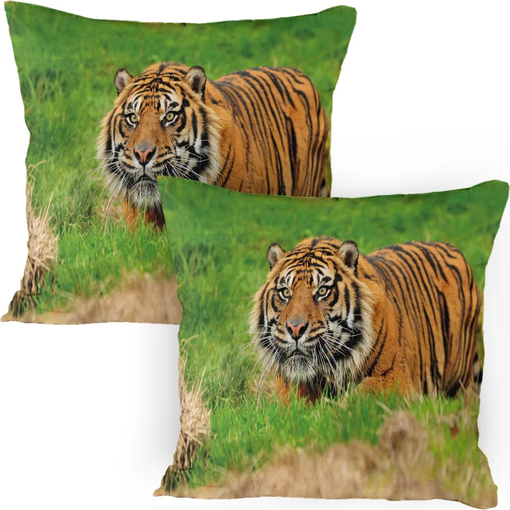 ABAKUHAUS Federa per cuscino Tiger Confezione da 2, Sumatran Feline si nasconde in agguato mentre insegue la sua preda prima di attaccare, Federa per cuscino decorativa stampata, 80x80 cm, arancione verde