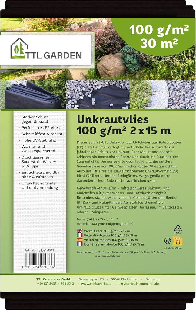 TTL GARDEN Unkrautvlies 30m² 2x15m Schwarz 100g/m² Produktbild 