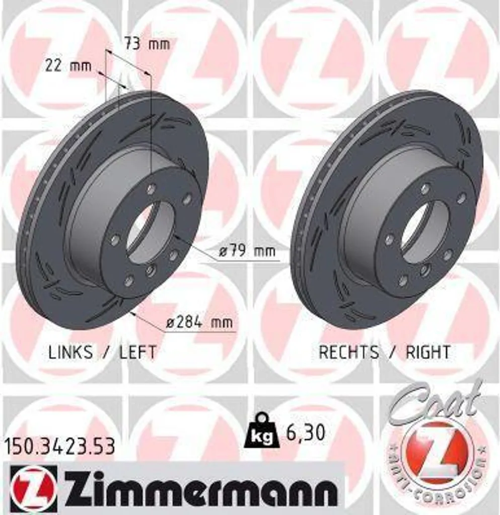 2 Disques de Frein Zimmermann 150.3423.53 pour BMW Série 1 E87 73mm