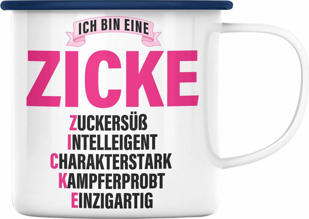 Trendation - Zicke Emaille Tasse Geschenk Emaille Emaille Tasse für Frauen Frau Lustig Pink (Blau)