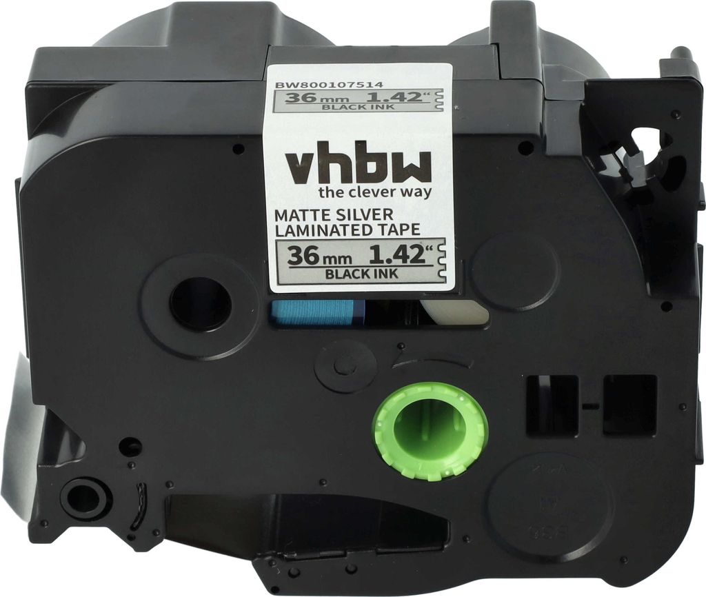 vhbw Schriftband-Kassette kompatibel mit Brother PT 550, 9200, 550A, 3600, 9200PC, 9200DX, 9500 Etiketten-Drucker 8m x 36mm Schwarz auf Matt-Silber