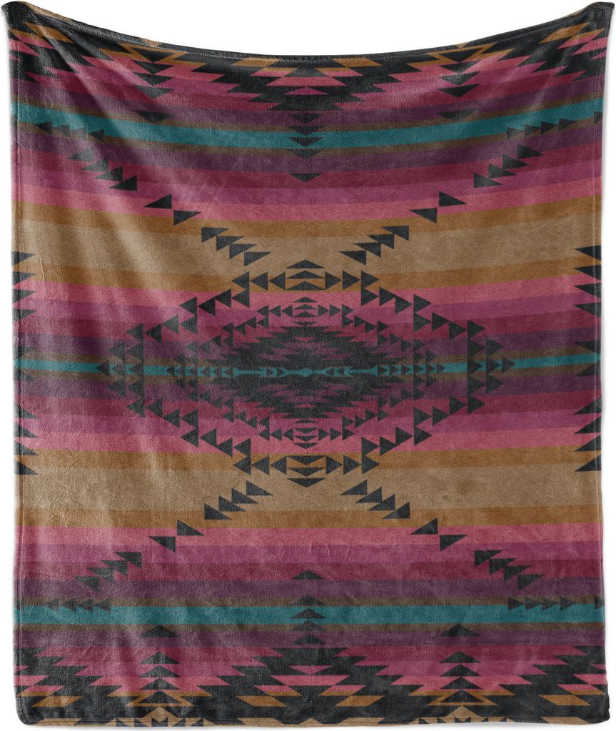 ABAKUHAUS Ethnisch Weich Flanell Fleece Decke, Tribal Trinagles Motiv auf bunten Streifen Künstlerische Folk-Muster, 175 x 230 cm, Mehrfarbig