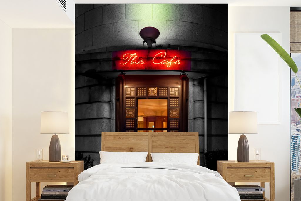 MuchoWow Fototapete für Wohnzimmer oder Schlafzimmer Wandtapete Vinyl Motivtapete Tür - Cafe - Rot - Architektur - Neonlicht - 195x260 cm - Wan...