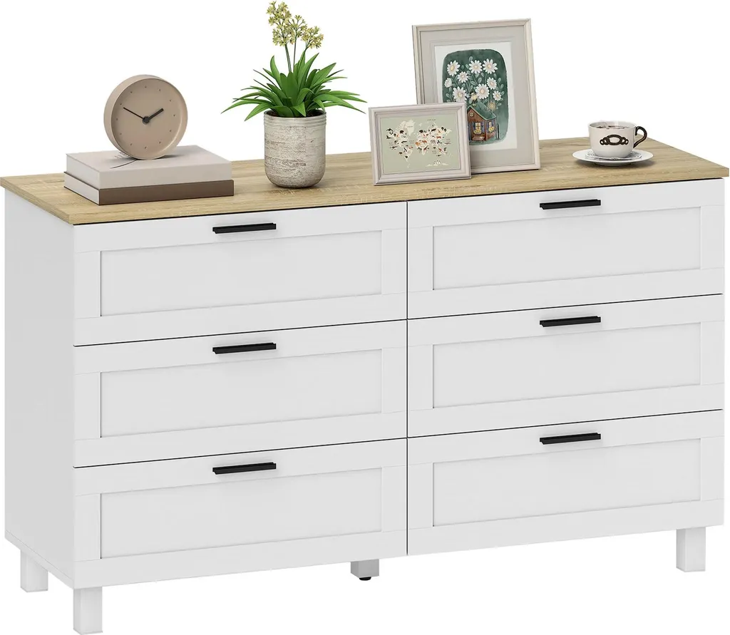 Commode de rangement 6 tiroirs bois blanc pour chambre adulte 120x38cm