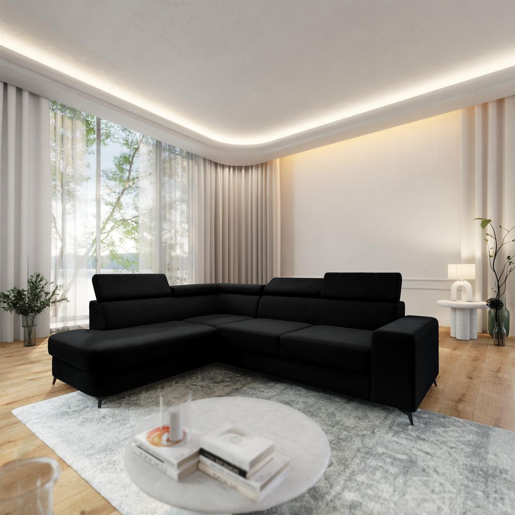 Masseno Ecksofa ALVORO L-S mit Schlaffunktion L-Form, Sofa mit Bettkasten, Wohnzimmersofa, Couch, Soffa, Bettsofa, Couchgarnitur- Schwarz, MATT VEL...