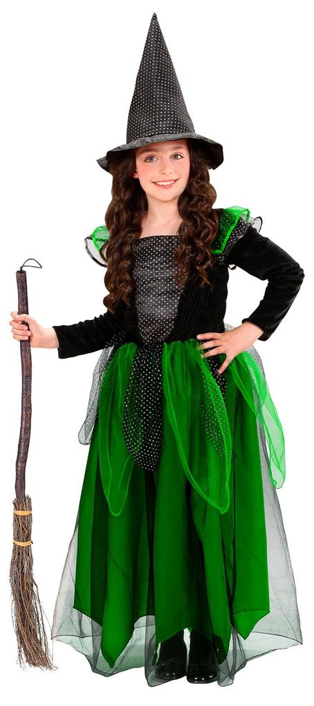 Heksenkostuum, zwart en groen, Halloween, maat: 158 Productafbeelding 