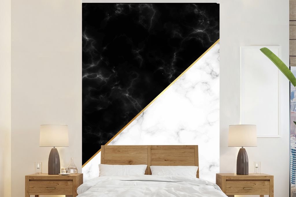 MuchoWow Fototapete für Wohnzimmer oder Schlafzimmer Wandtapete Vinyl Motivtapete Marmor - Weiß - Schwarz - Gold - 160x240 cm - Vinyltapete