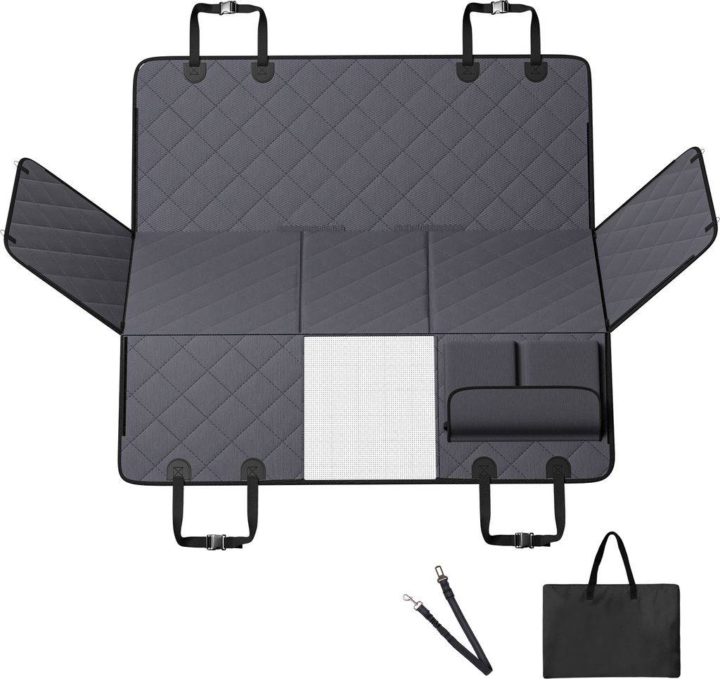 SucceBuy Rücksitzverlängerung für Hunde. Wasserdichte harte Unterseite. Unterstützt 400lbs. Mesh-Fenster & Tasche. Für Auto/SUV. 600D Oxford/S...