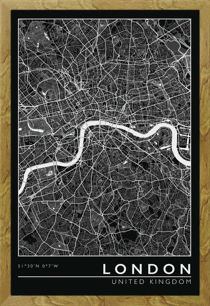 Mappa della città - Poster - Londra + cornice rimovibile, Shinsuke® Maxi MDF oak, vetro acrilico