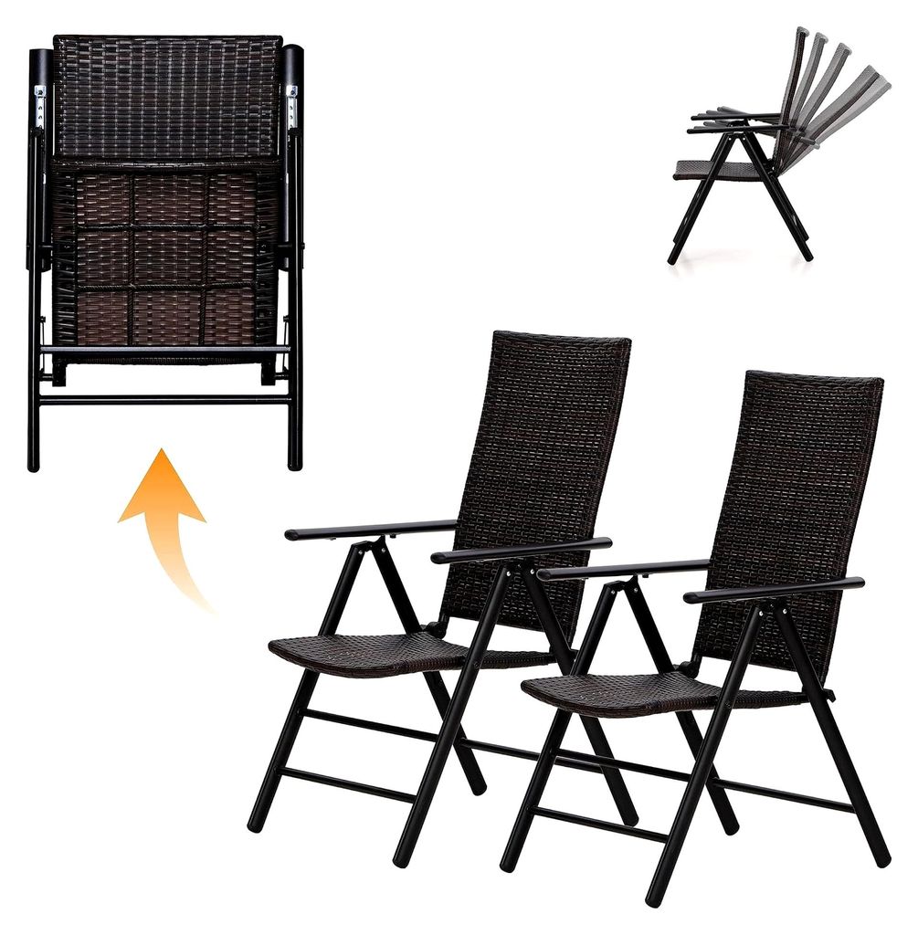 Gartenstuhl, Klappstuhl 2er Set, Ergonomisch mit 7 Verstellbaren Positionen, Polyrattan Balkonstuhl mit Armlehne