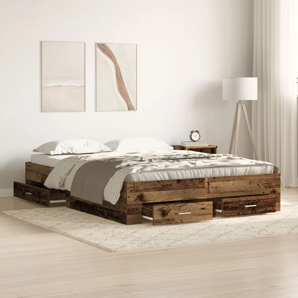 Lit 160x200 bois ancien pour chambre parentale avec coffres de stock