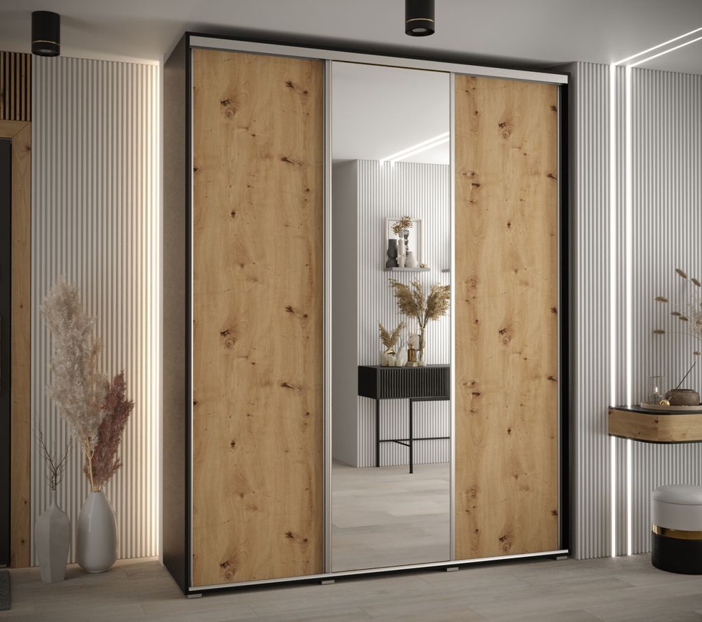 Kleiderschrank YVONA 3 – 190/45 cm, schwarz/Eiche handwerklich/silber