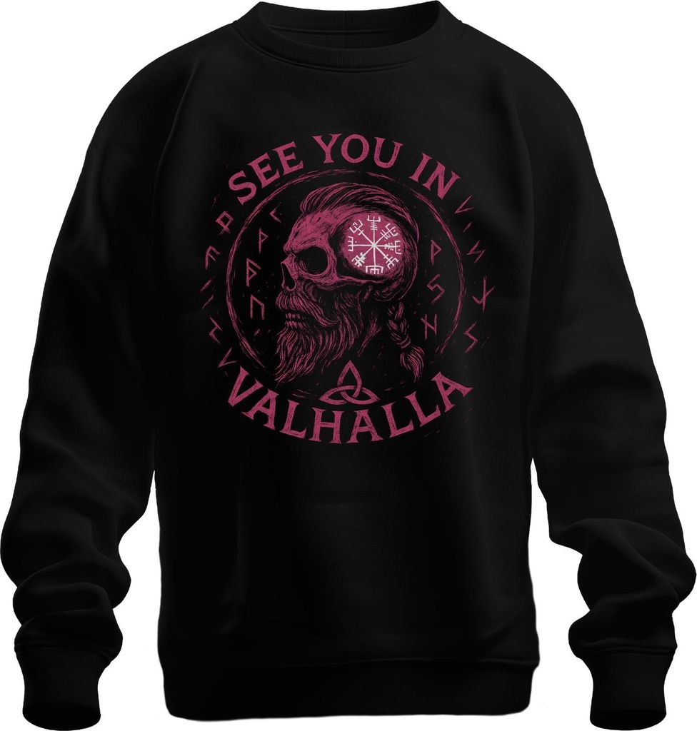 Wikinger Schädel Vegvisir Runen Dreiknoten See you in Valhalla Uni Sweatshirt Pullover, Schwarz, XL