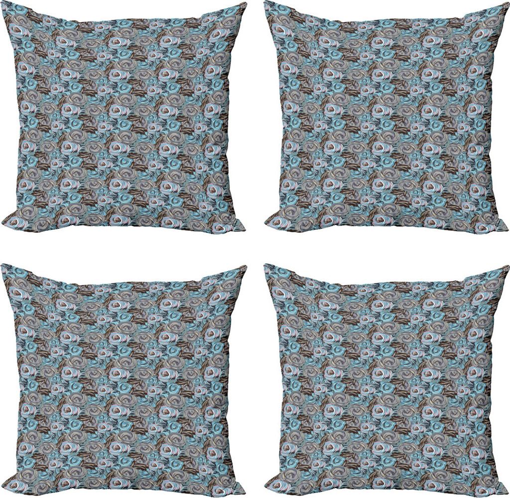 ABAKUHAUS Gartenkunst Kissenbezug Set (4 Stück), Botanischer Rosenstrauß, Moderner Doppelseitiger Digitaldruck, 40 cm x 40 cm, Cadet Blue Pale Pink